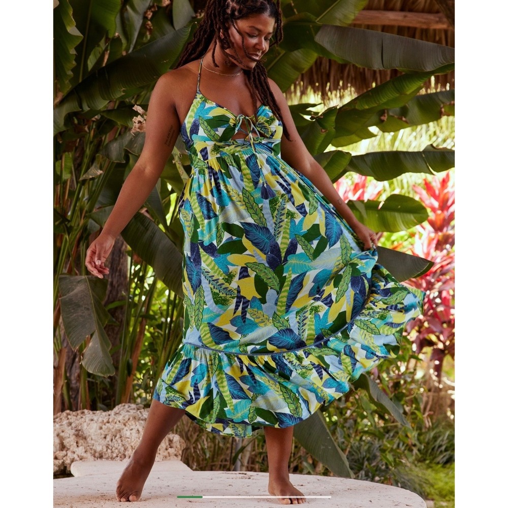 Aerie Tropical Palm Print Halter Maxi Dress Green Blue Yellow Large